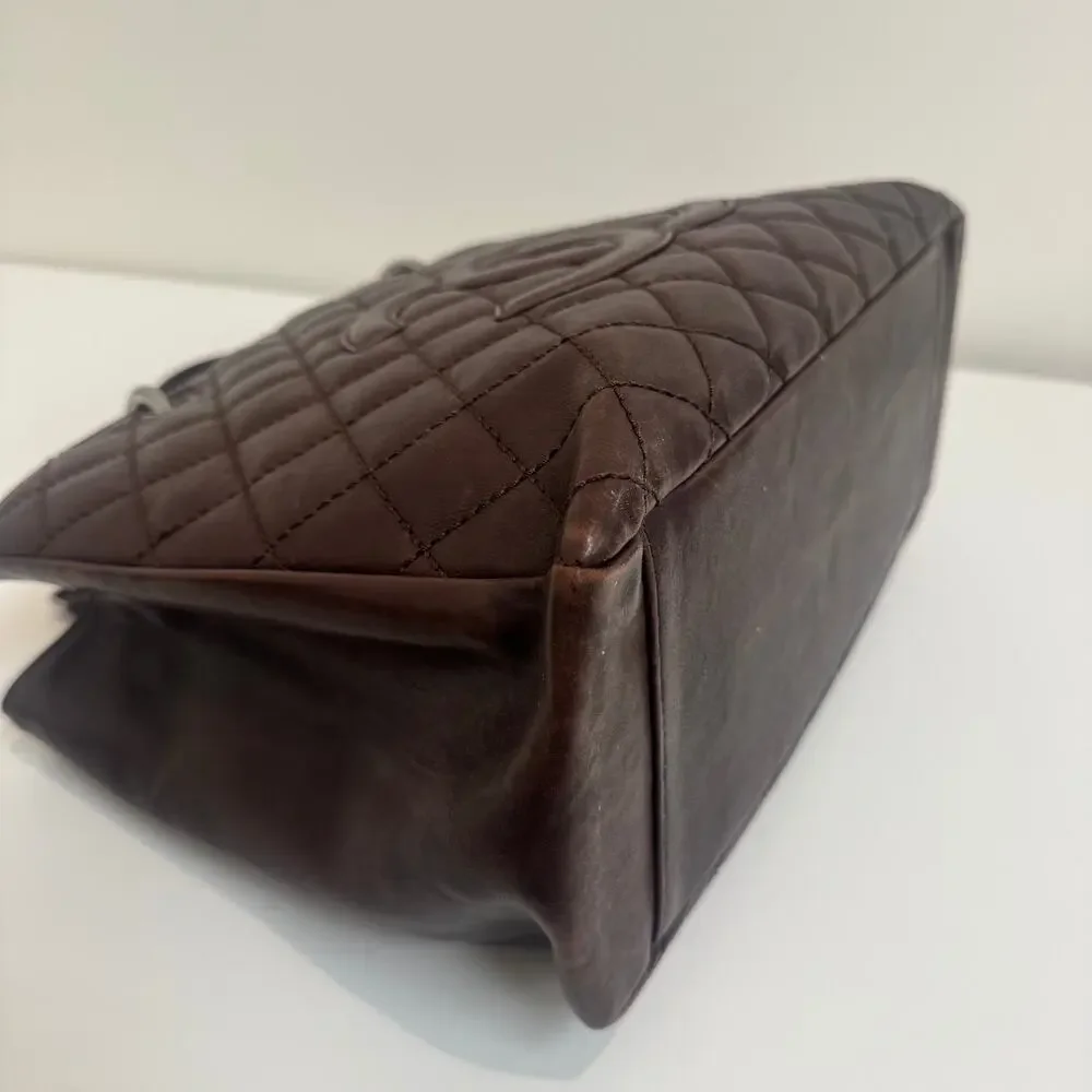 CHANEL Brown Quilted Lambskin Grand Shopping Tote Leather CC Logo Shoulder Bag